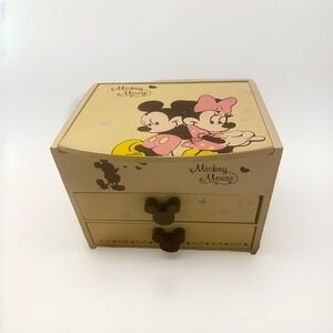Vtg Disney Wood Mickey Mouse Mirror Jewelry Trinket Box‎ RARE Mickey & Minnie